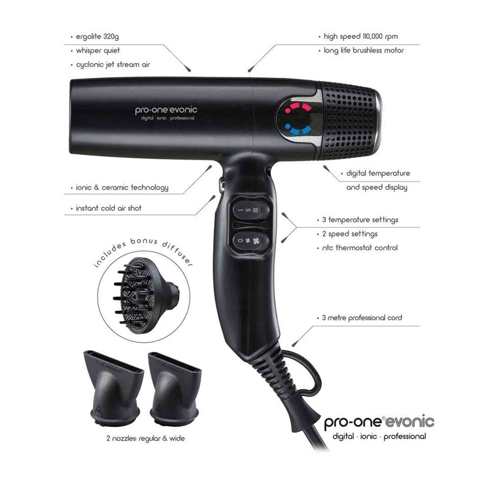 Pro One Evonic Hairdryer- Black