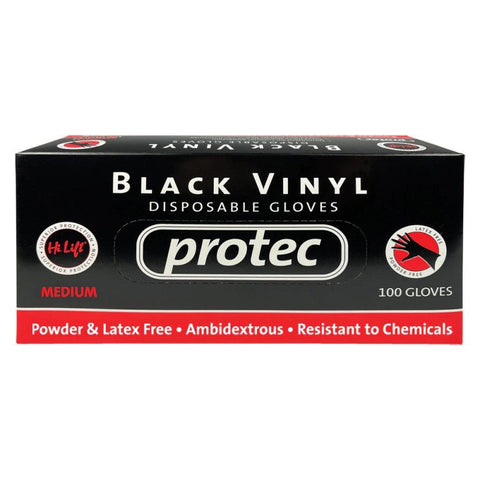 Protec Black Vinyl Disposable Gloves- Medium 100 Pcs - Budget Salon Supplies Retail